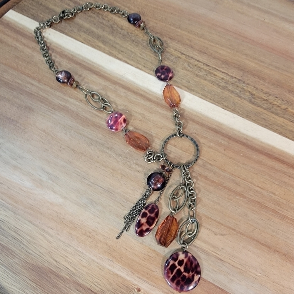 Antique Bronze Metal Statement Necklace with Amber beads and Chain Tassels Boho - Picture 11 of 17